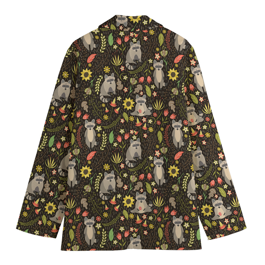 Raccoon And Floral Pattern Print Women's Cotton Blazer