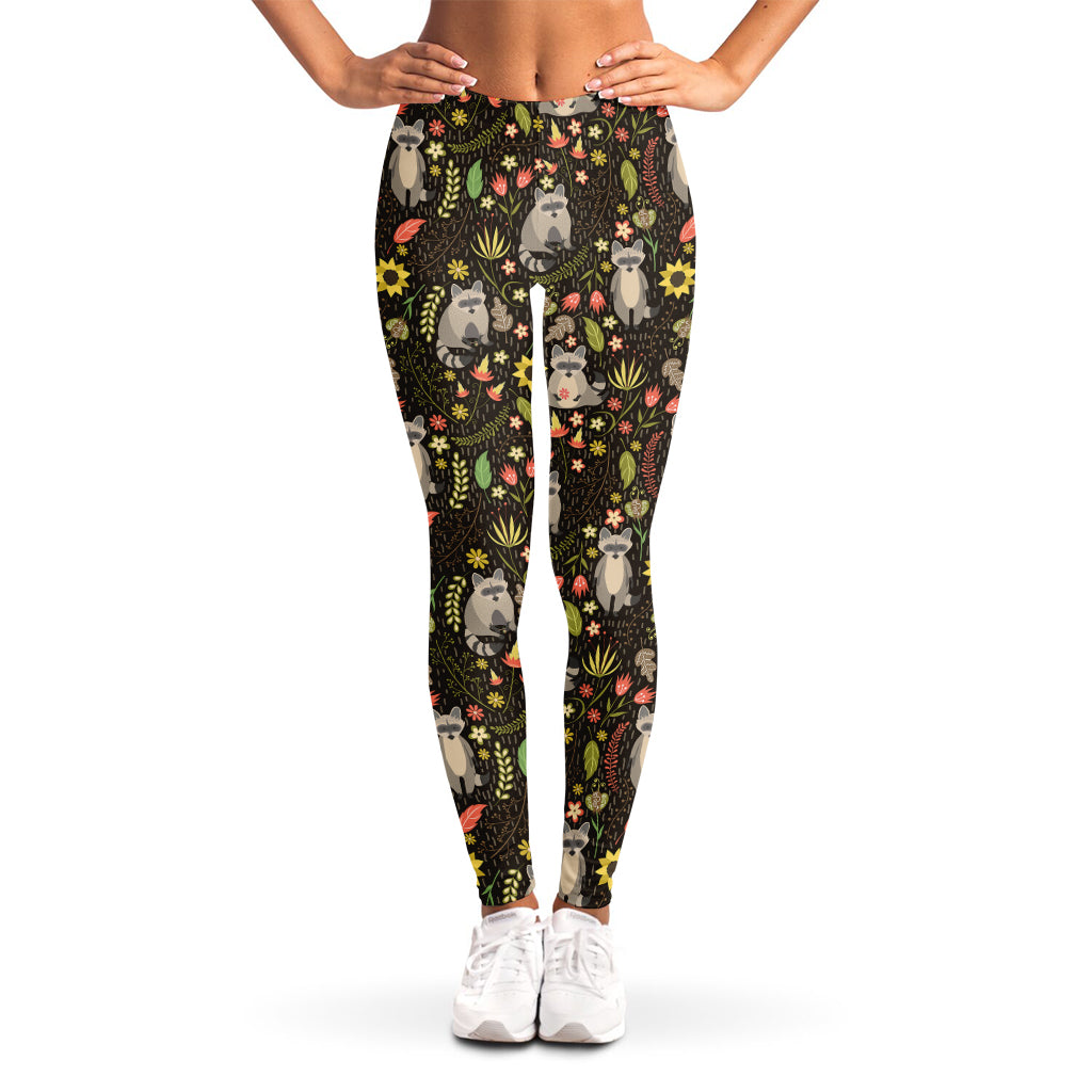 Raccoon And Floral Pattern Print Women's Leggings