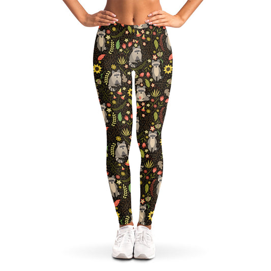 Raccoon And Floral Pattern Print Women's Leggings