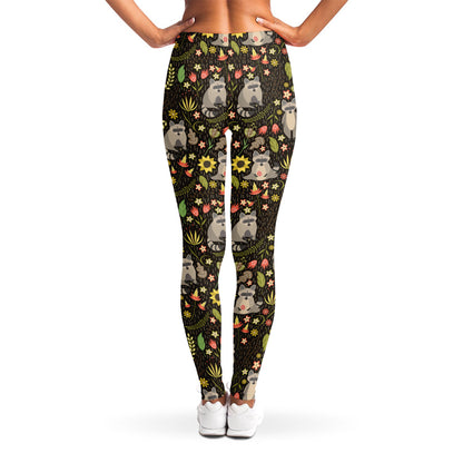 Raccoon And Floral Pattern Print Women's Leggings