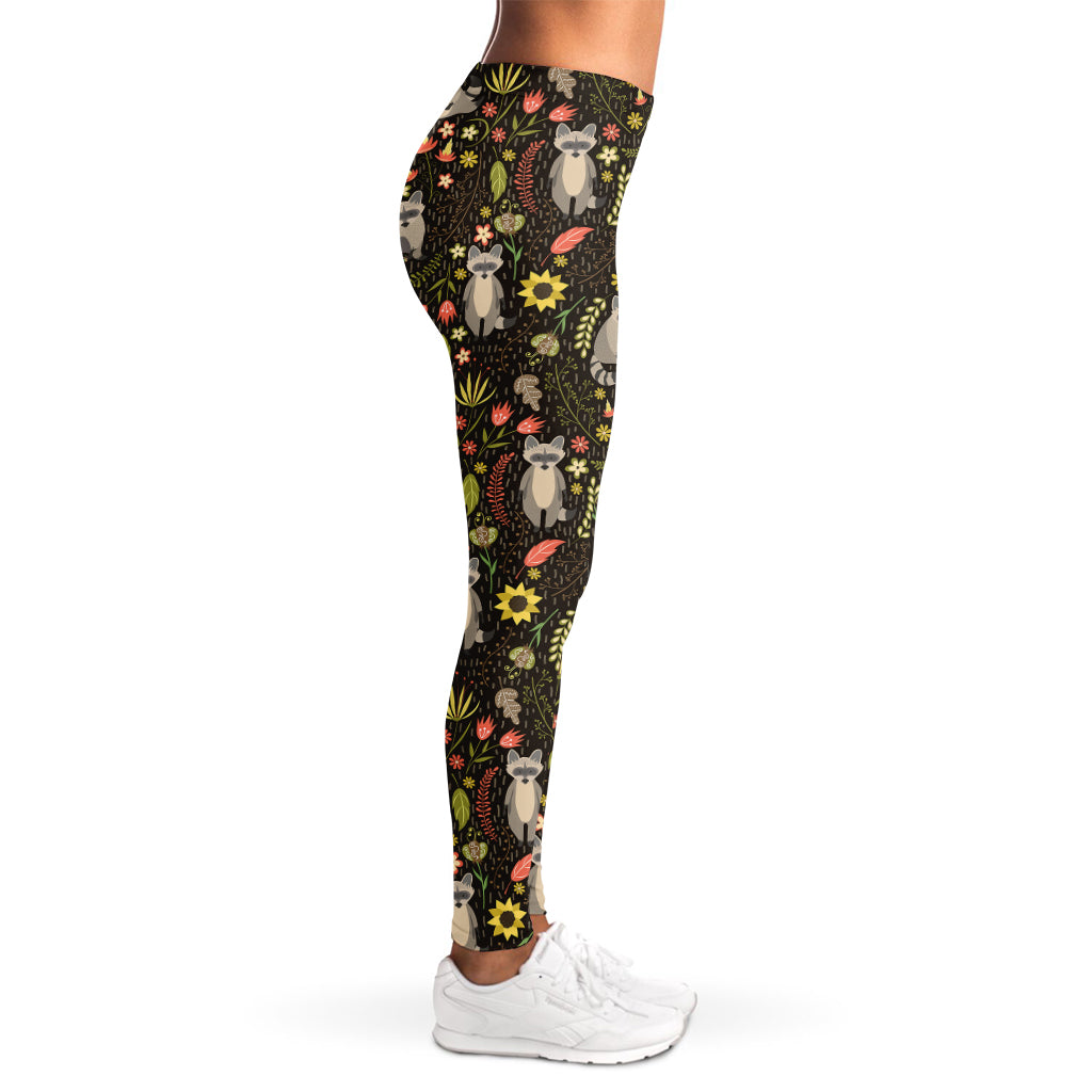 Raccoon And Floral Pattern Print Women's Leggings