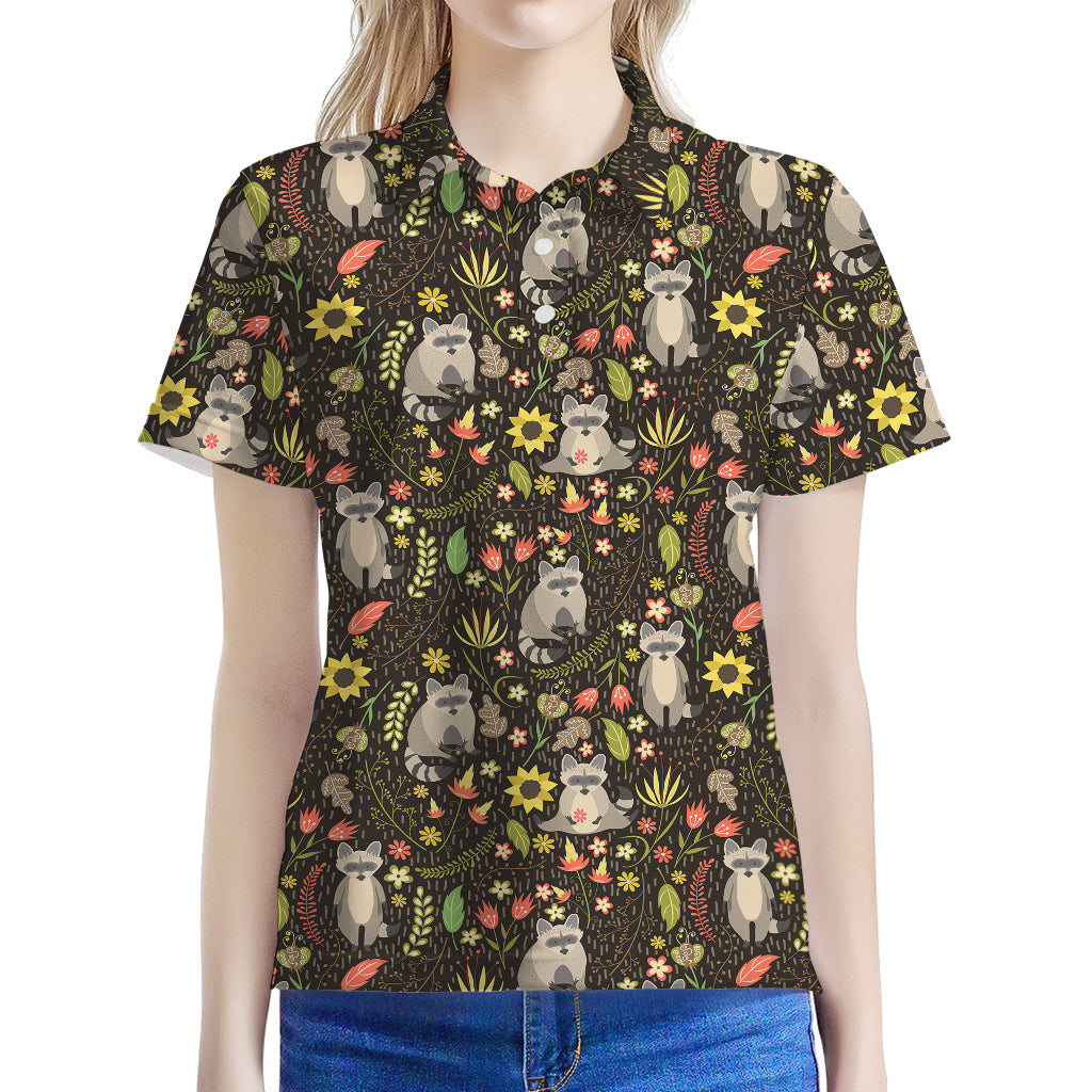 Raccoon And Floral Pattern Print Women's Polo Shirt