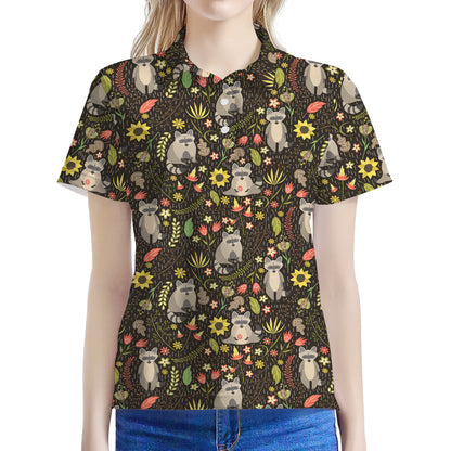 Raccoon And Floral Pattern Print Women's Polo Shirt