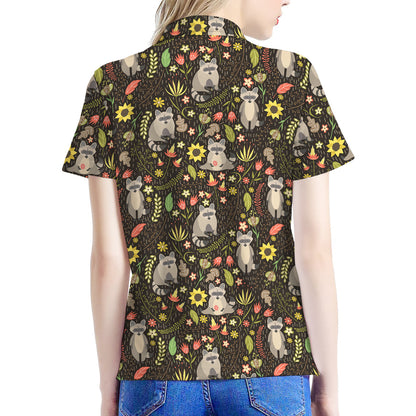 Raccoon And Floral Pattern Print Women's Polo Shirt