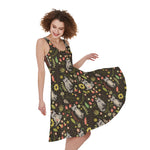 Raccoon And Floral Pattern Print Women's Sleeveless Dress