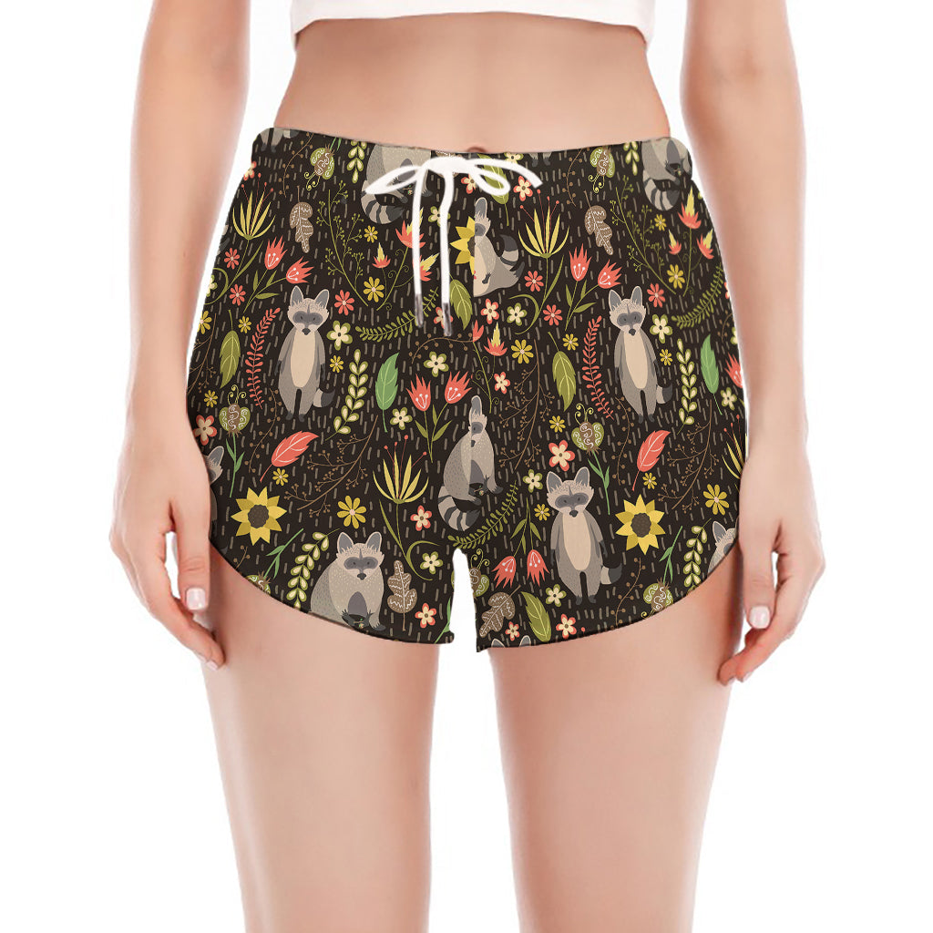 Raccoon And Floral Pattern Print Women's Split Running Shorts