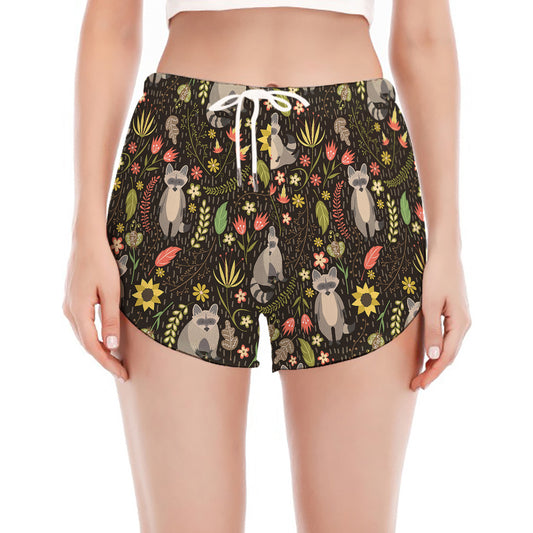 Raccoon And Floral Pattern Print Women's Split Running Shorts