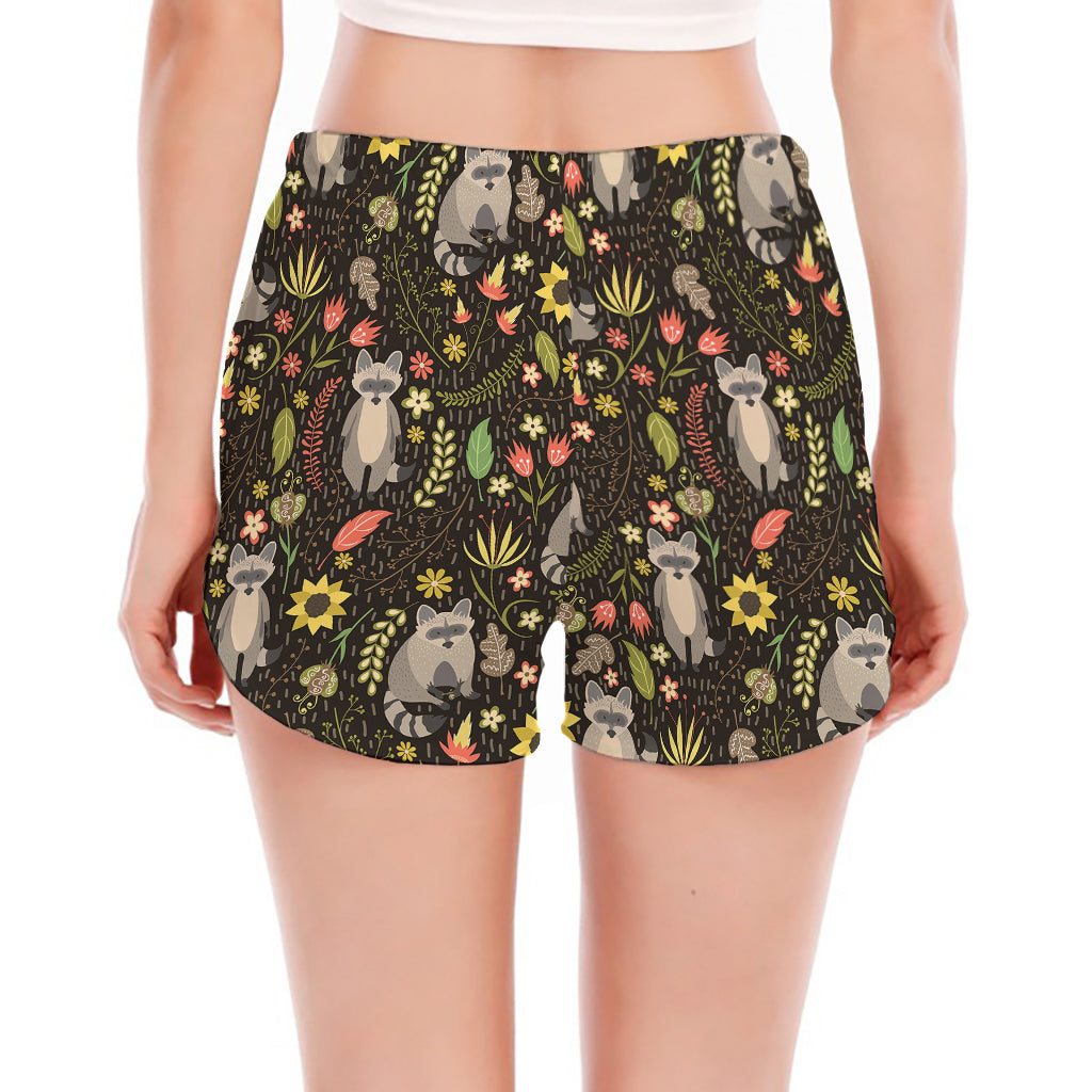 Raccoon And Floral Pattern Print Women's Split Running Shorts