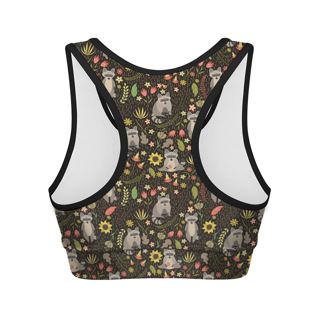 Raccoon And Floral Pattern Print Women's Sports Bra