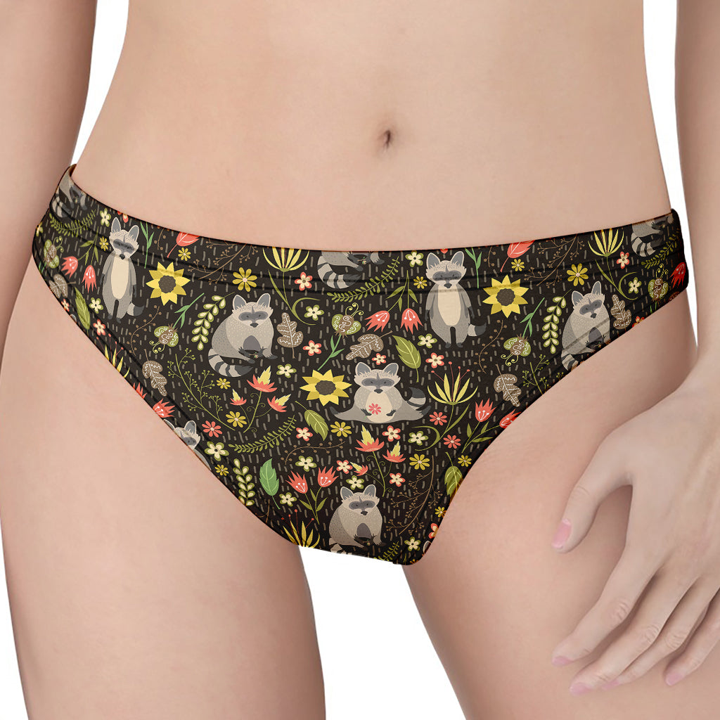 Raccoon And Floral Pattern Print Women's Thong