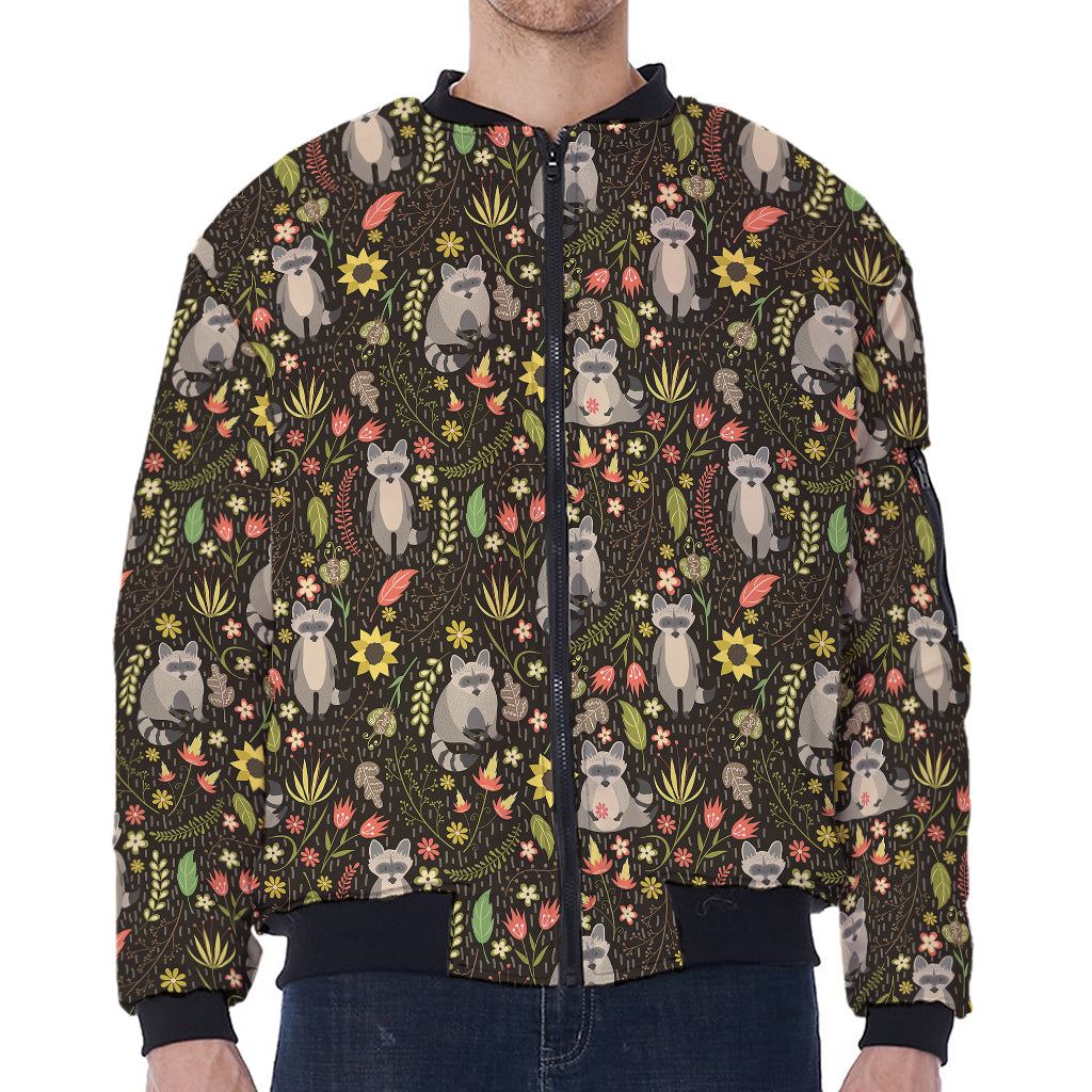 Raccoon And Floral Pattern Print Zip Sleeve Bomber Jacket