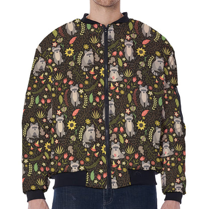 Raccoon And Floral Pattern Print Zip Sleeve Bomber Jacket