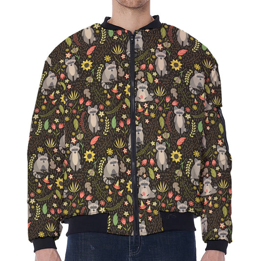 Raccoon And Floral Pattern Print Zip Sleeve Bomber Jacket