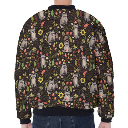 Raccoon And Floral Pattern Print Zip Sleeve Bomber Jacket
