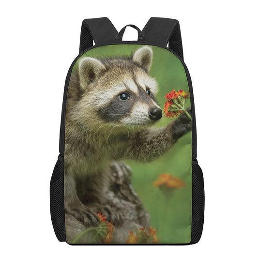 Raccoon And Flower Print 17 Inch Backpack
