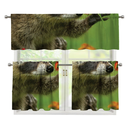 Raccoon And Flower Print 3 Piece Kitchen Curtains