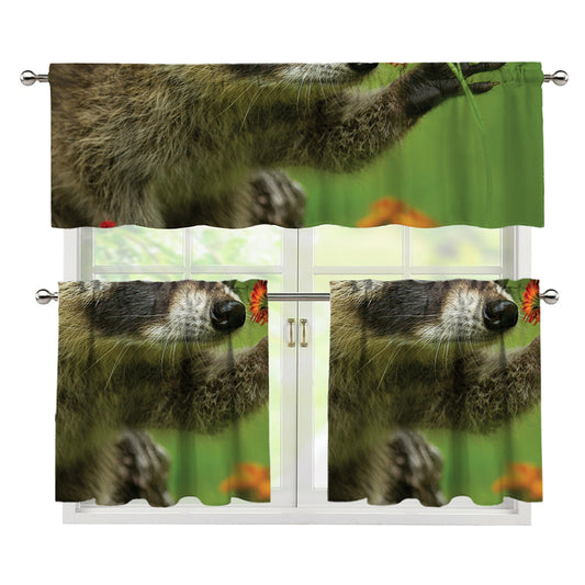 Raccoon And Flower Print 3 Piece Kitchen Curtains