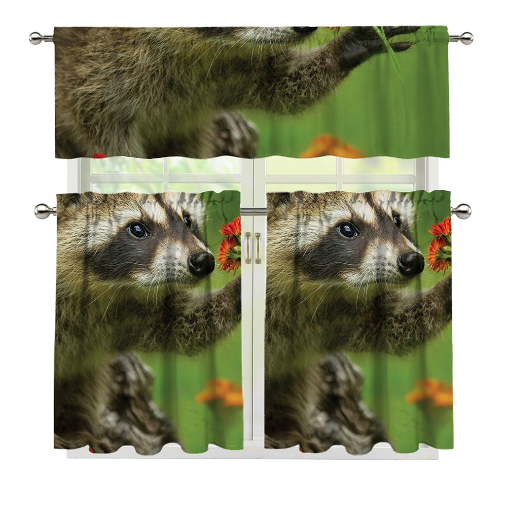 Raccoon And Flower Print 3 Piece Kitchen Curtains