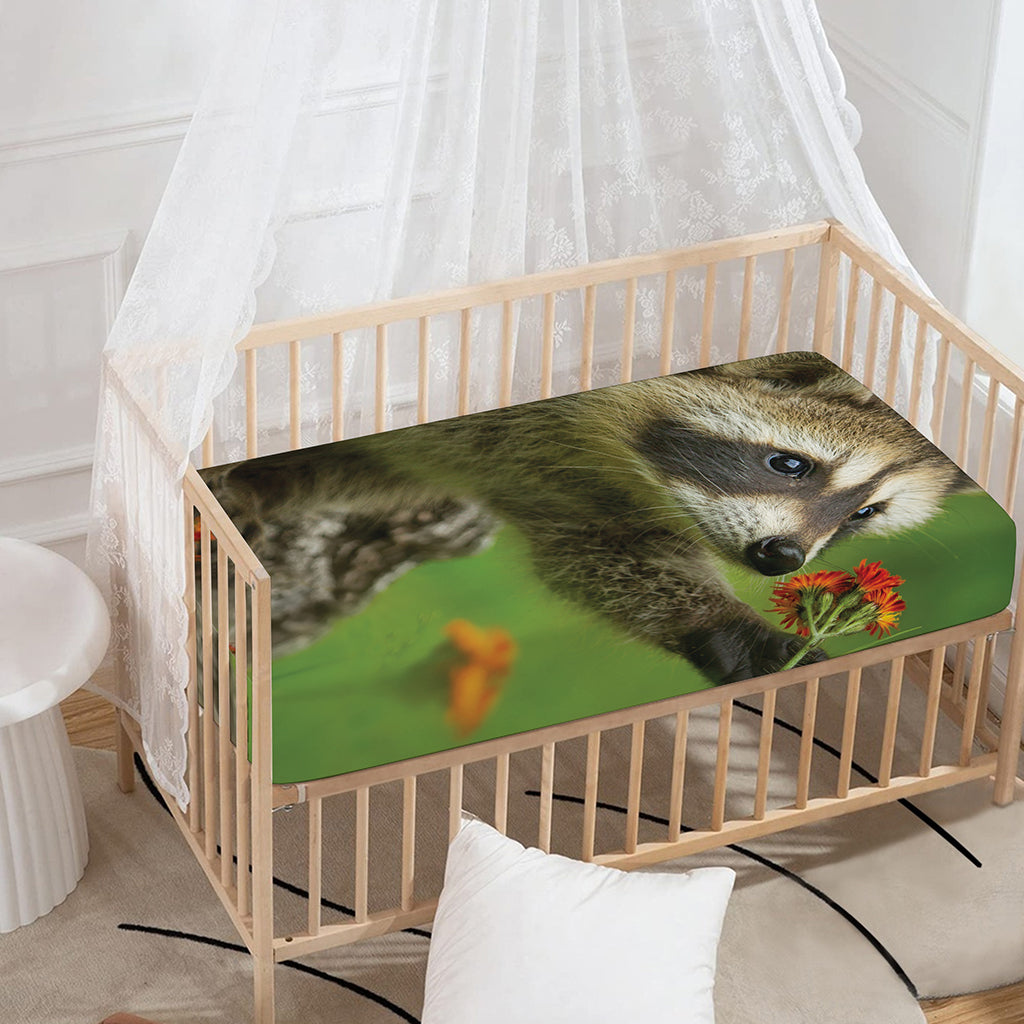 Raccoon And Flower Print Baby Crib Sheet