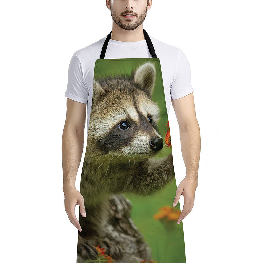Raccoon And Flower Print Bib Apron With Pocket