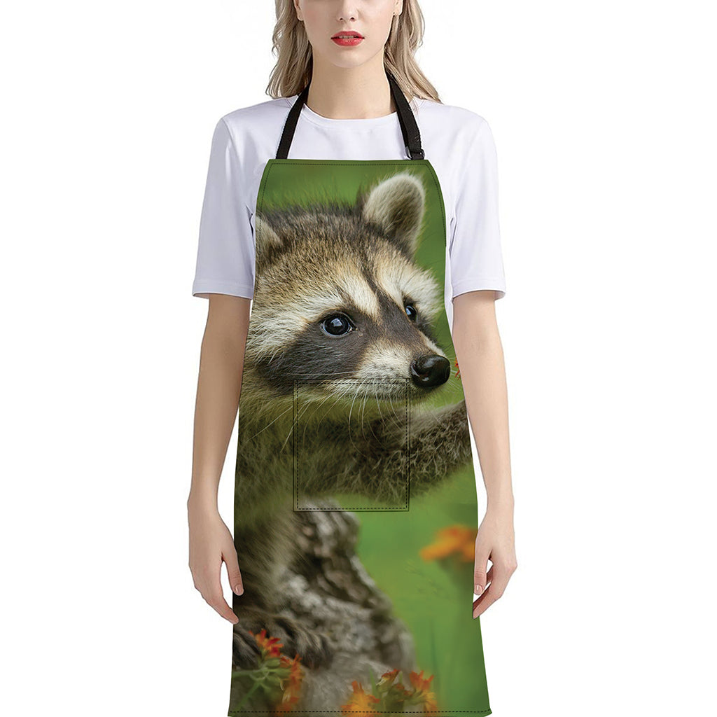 Raccoon And Flower Print Bib Apron With Pocket