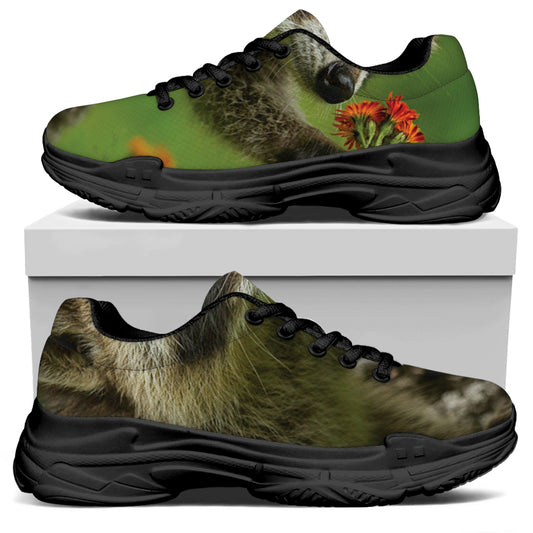 Raccoon And Flower Print Black Chunky Shoes