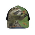 Raccoon And Flower Print Black Mesh Trucker Hat