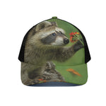 Raccoon And Flower Print Black Mesh Trucker Cap