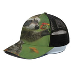 Raccoon And Flower Print Black Mesh Trucker Cap