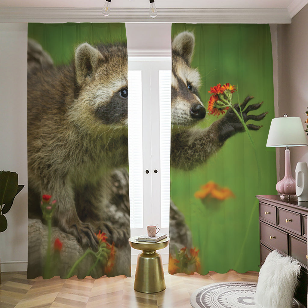 Raccoon And Flower Print Blackout Pencil Pleat Curtains