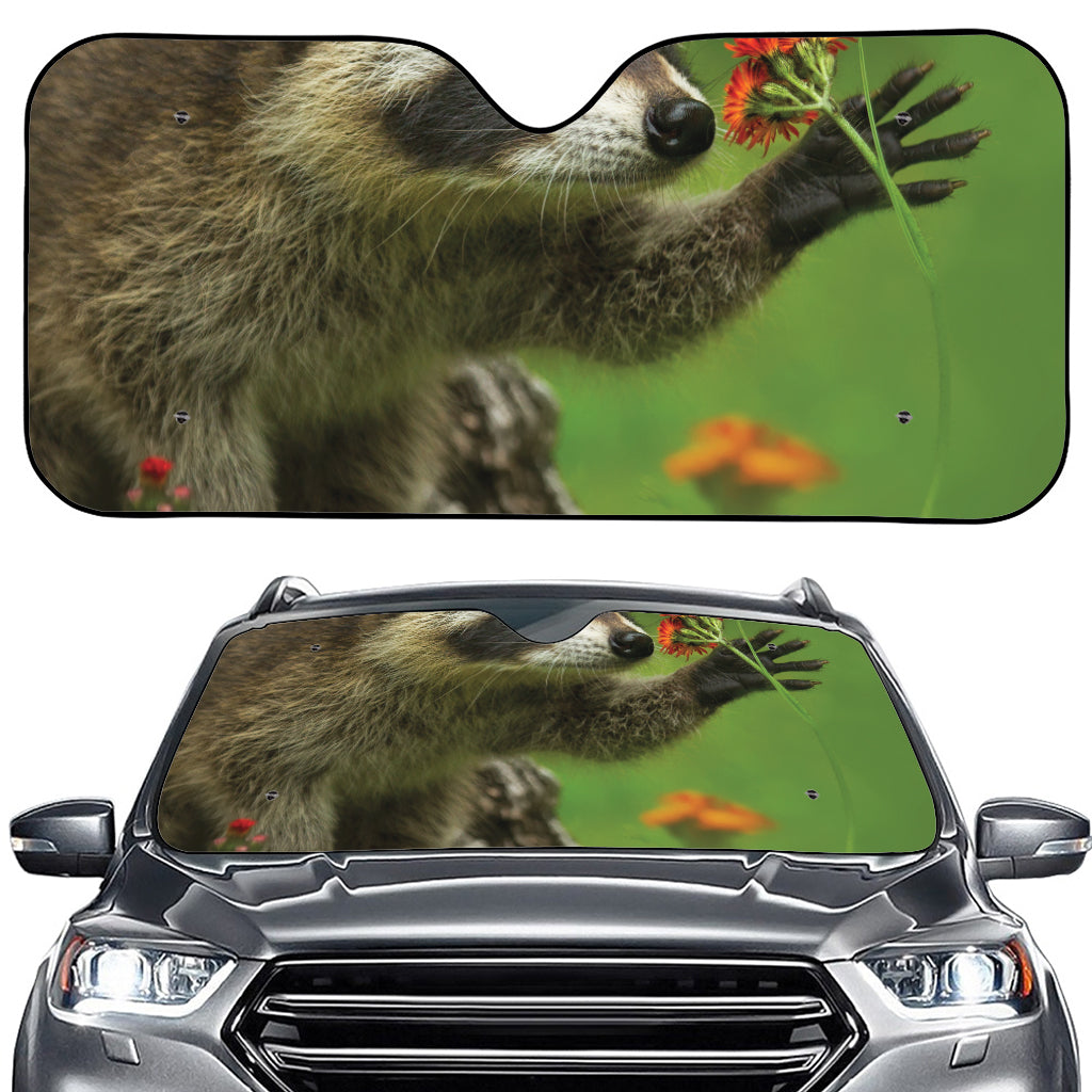 Raccoon And Flower Print Car Windshield Sun Shade