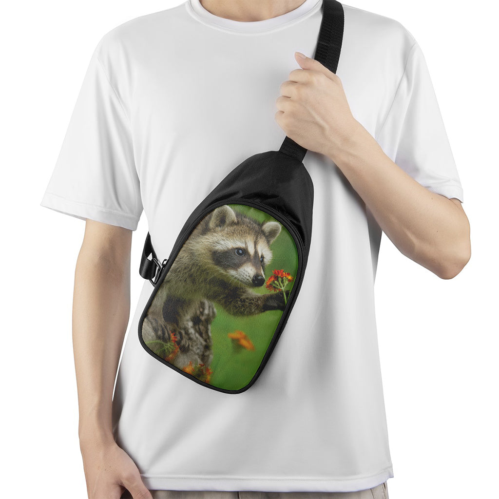 Raccoon And Flower Print Chest Bag