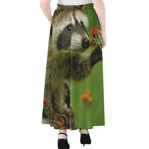 Raccoon And Flower Print Chiffon Maxi Skirt