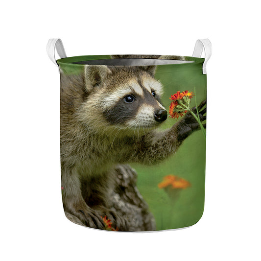 Raccoon And Flower Print Collapsible Laundry Basket