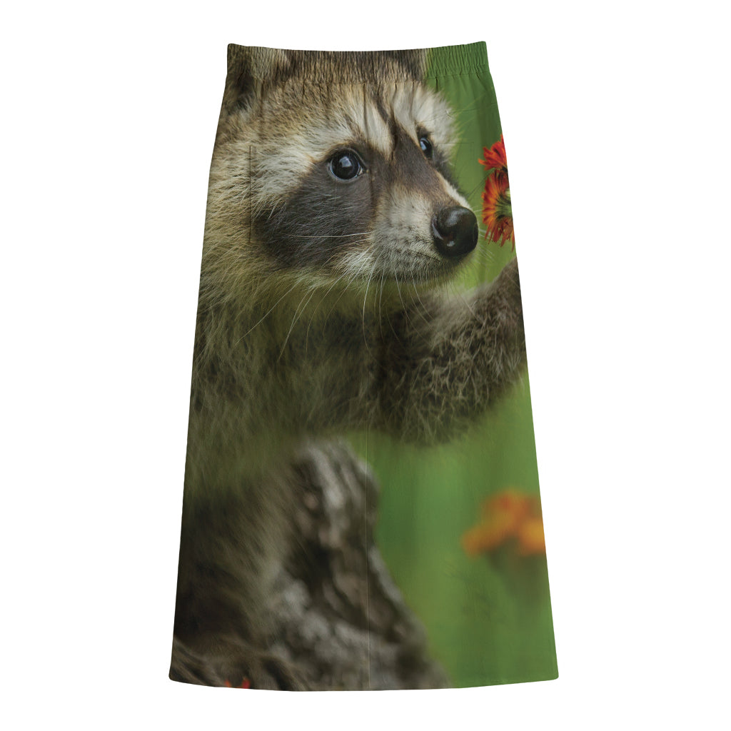 Raccoon And Flower Print Cotton Front Slit Maxi Skirt