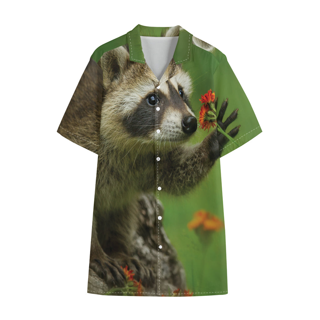 Raccoon And Flower Print Cotton Hawaiian Shirt