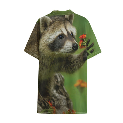 Raccoon And Flower Print Cotton Hawaiian Shirt