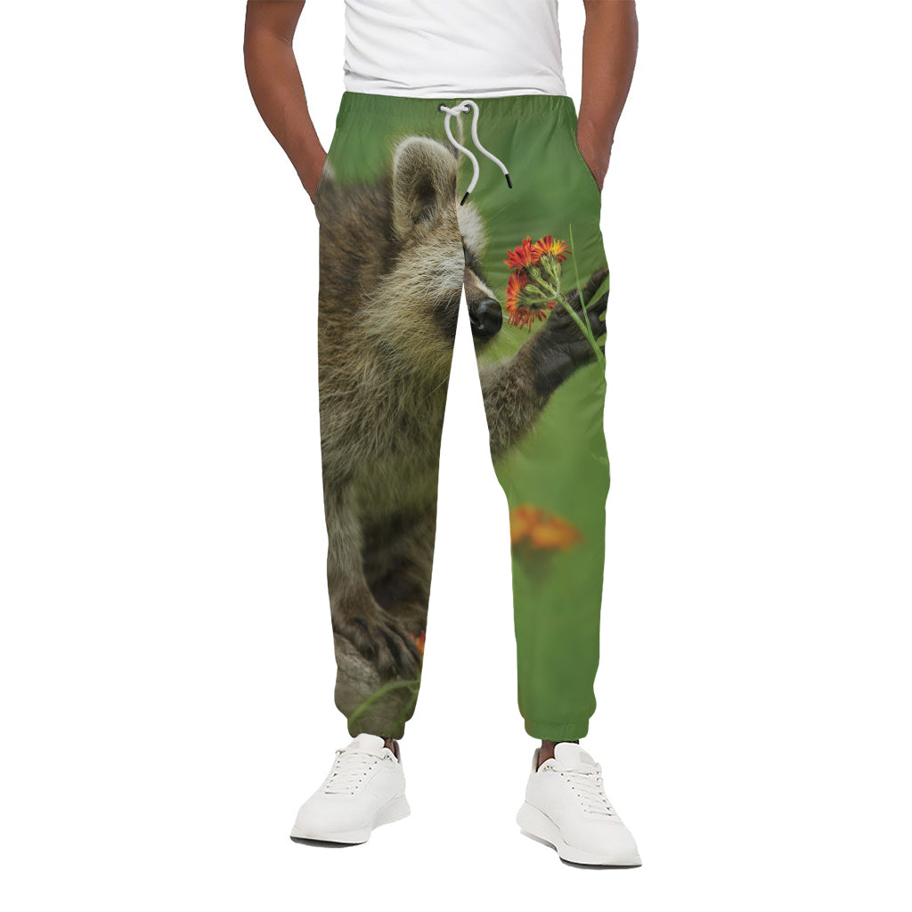 Raccoon And Flower Print Cotton Pants