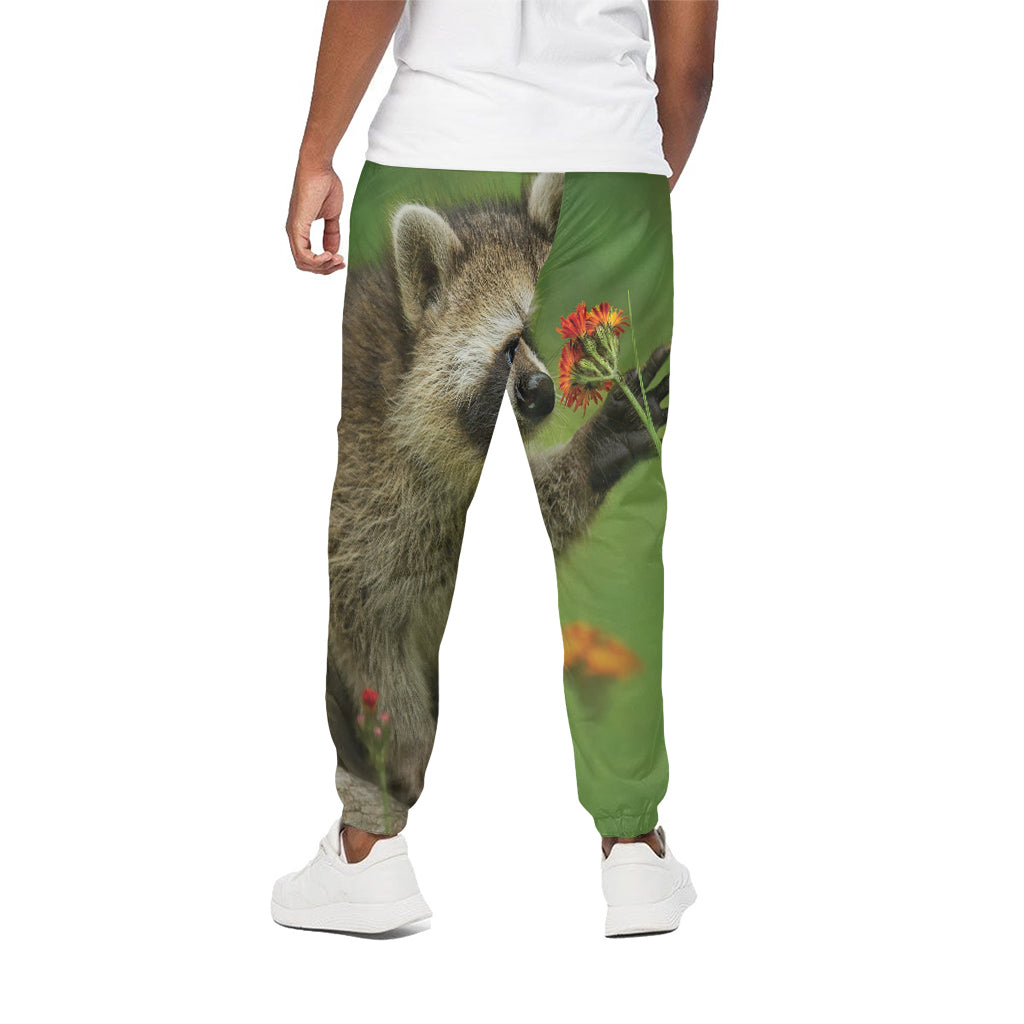 Raccoon And Flower Print Cotton Pants