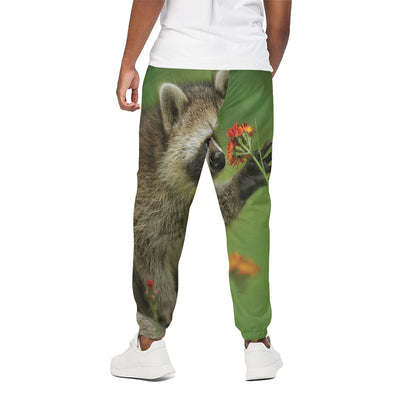 Raccoon And Flower Print Cotton Pants