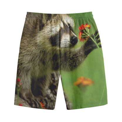 Raccoon And Flower Print Cotton Shorts