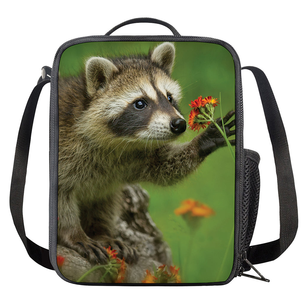 Raccoon And Flower Print Crossbody Lunch Bag