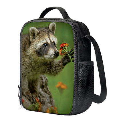 Raccoon And Flower Print Crossbody Lunch Bag