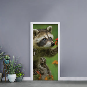 Raccoon And Flower Print Door Sticker