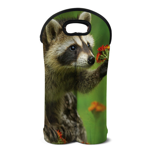 Raccoon And Flower Print Double Neoprene Wine Tote