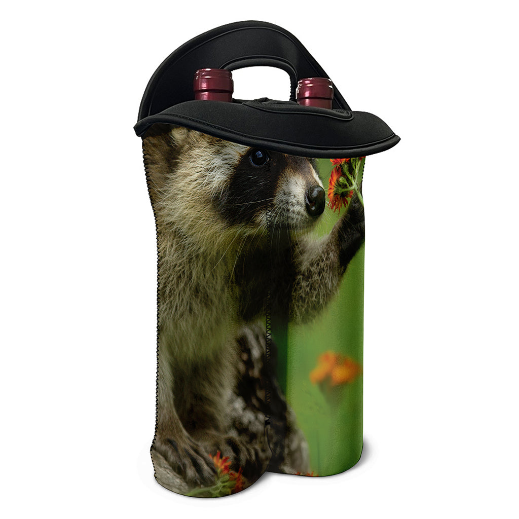 Raccoon And Flower Print Double Neoprene Wine Tote