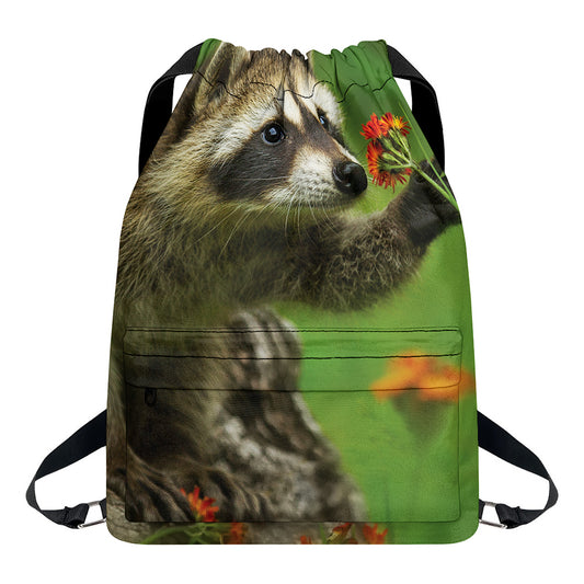 Raccoon And Flower Print Drawstring Backpack