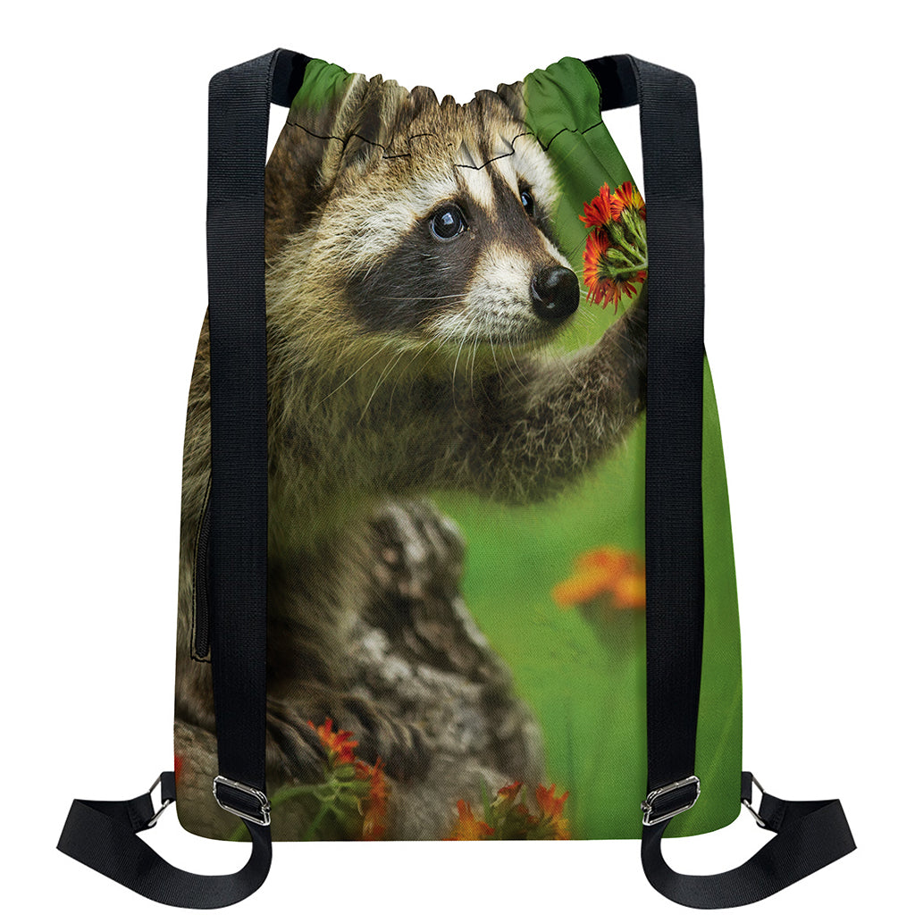 Raccoon And Flower Print Drawstring Backpack