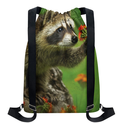 Raccoon And Flower Print Drawstring Backpack
