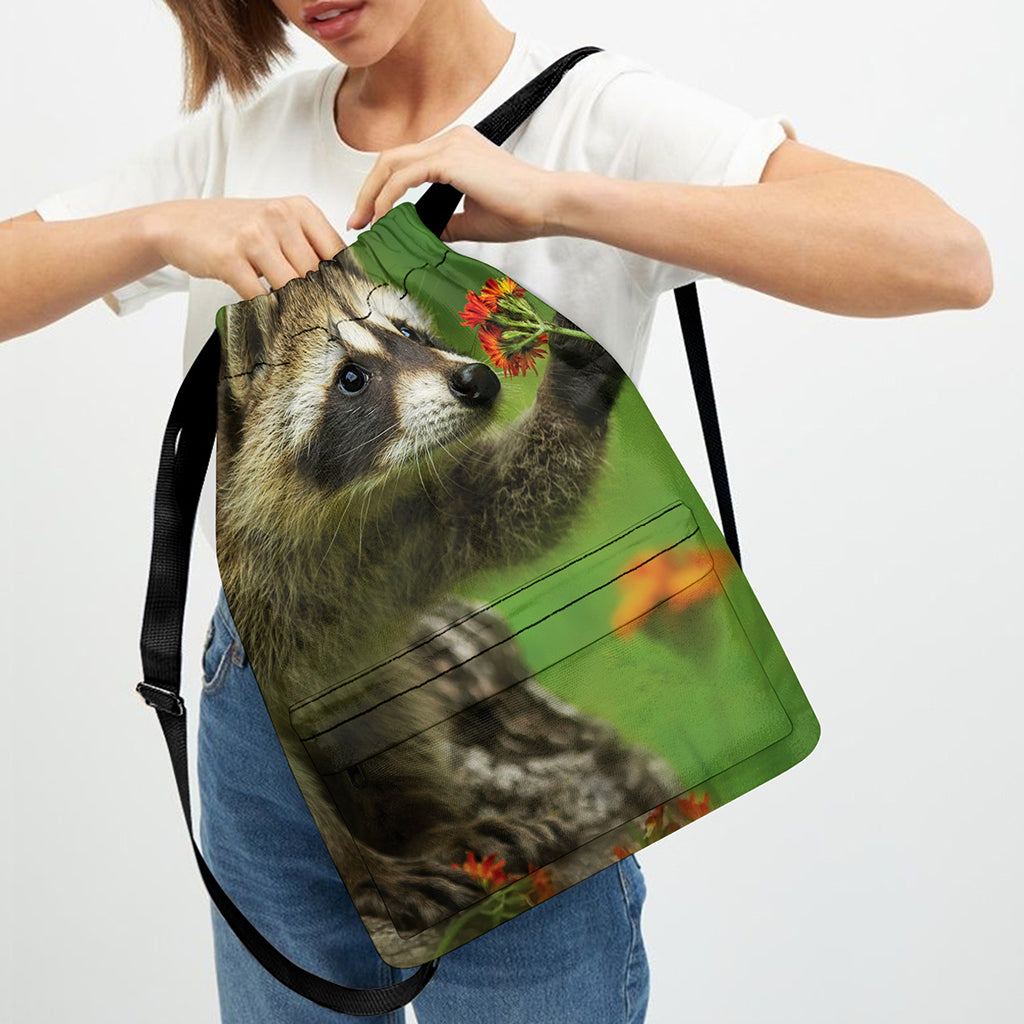 Raccoon And Flower Print Drawstring Backpack